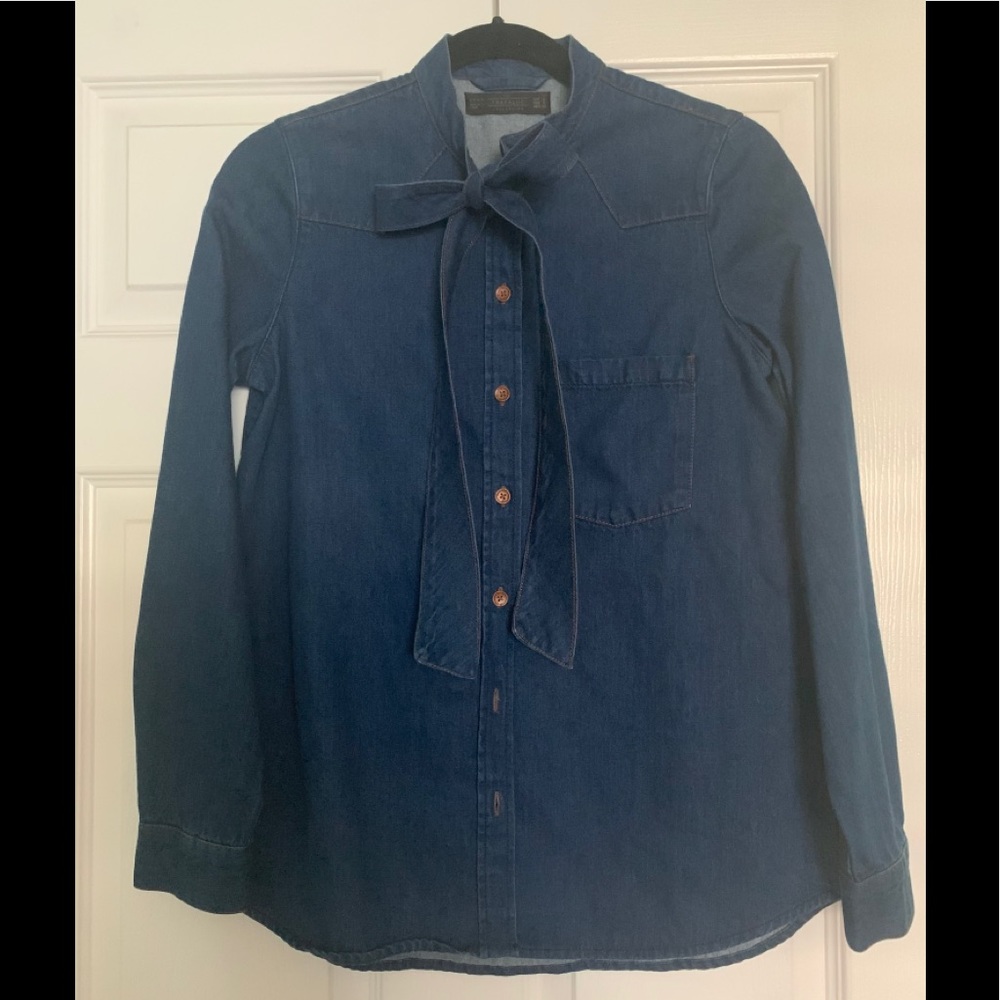 ZARA blue denim shirt with bow detail